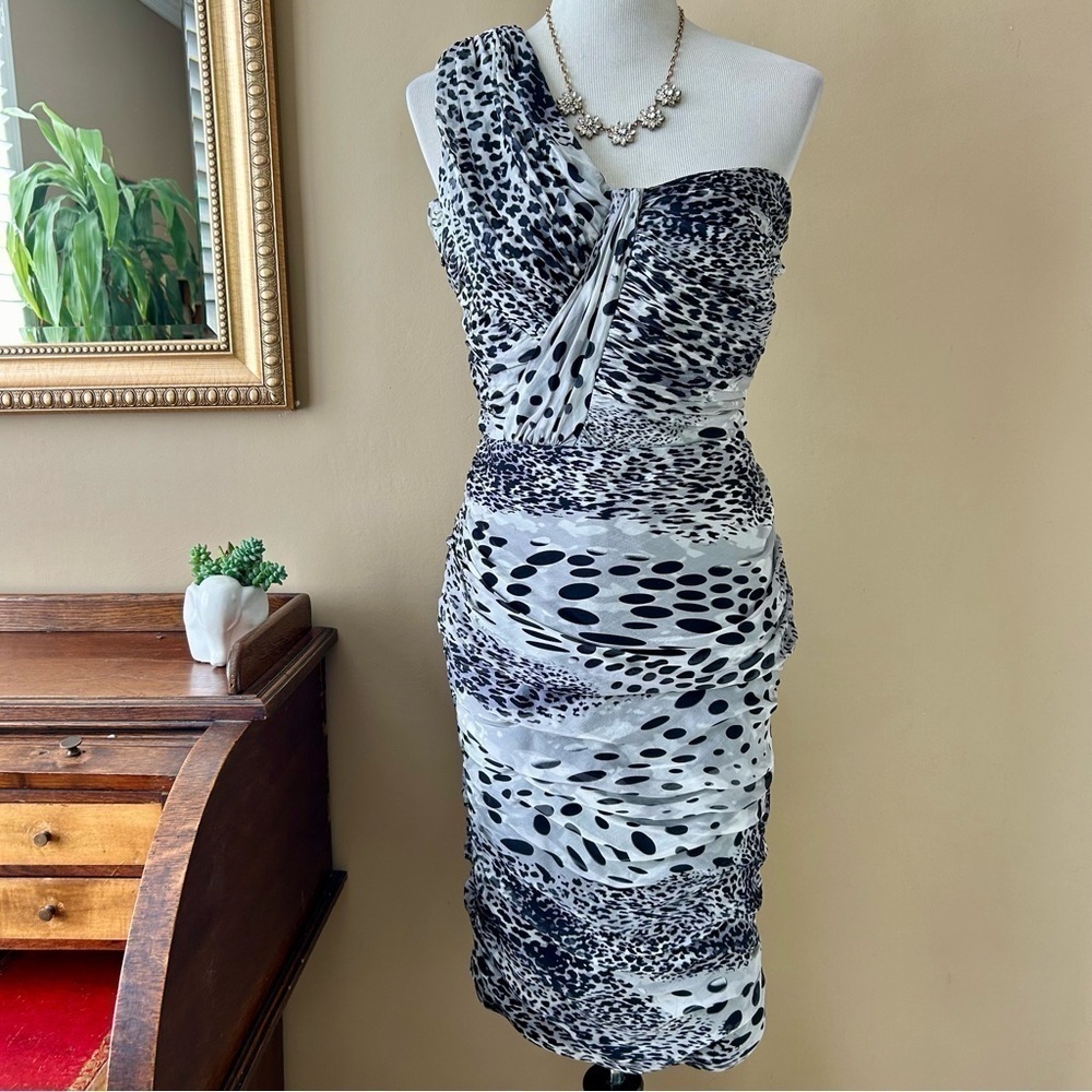 Tadashi Shoji One Shoulder Silk Ruched Cocktail Dress Leopard Print Size 10